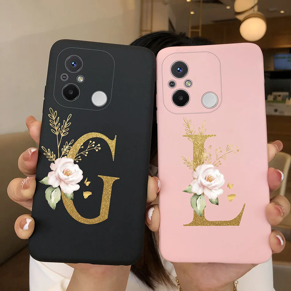 For Redmi 12C 11A Xiaomi Poco C55 Phone Cases Rose Gold Letters Silicone Matte Back Cover For Redmi12C Redmi11A PocoC55 Coques