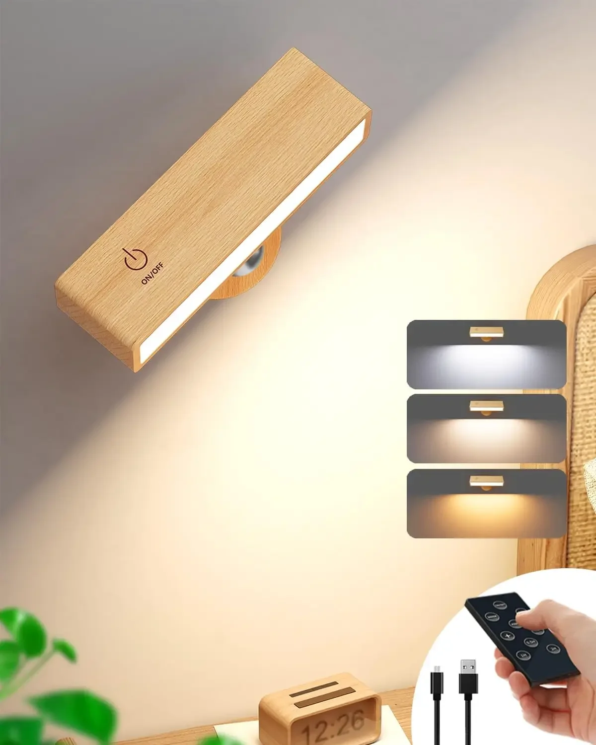 Rechargeable Wall Light with Remote 3 Colors Dimmable Battery Operate Wall Sconce Wireless Rotatable Bedside Reading Lamp