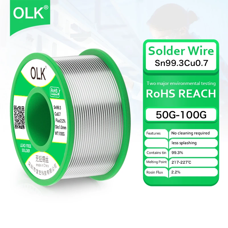 Imagem -02 - Olk-chumbo Fio de Solda Ferro de Solda Reparação de Solda Incluindo Rosin Core Tin Wire Alta Pureza Sn99.3cu0.7 50g 100g