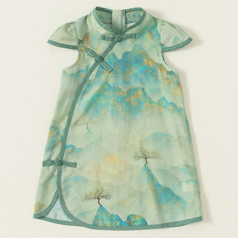 

2025 Summer Toddler Girl Dresses Chinese Style Fashion Print Short Sleeve Cotton Baby Princess Dress Boutique Kids Clothing B174