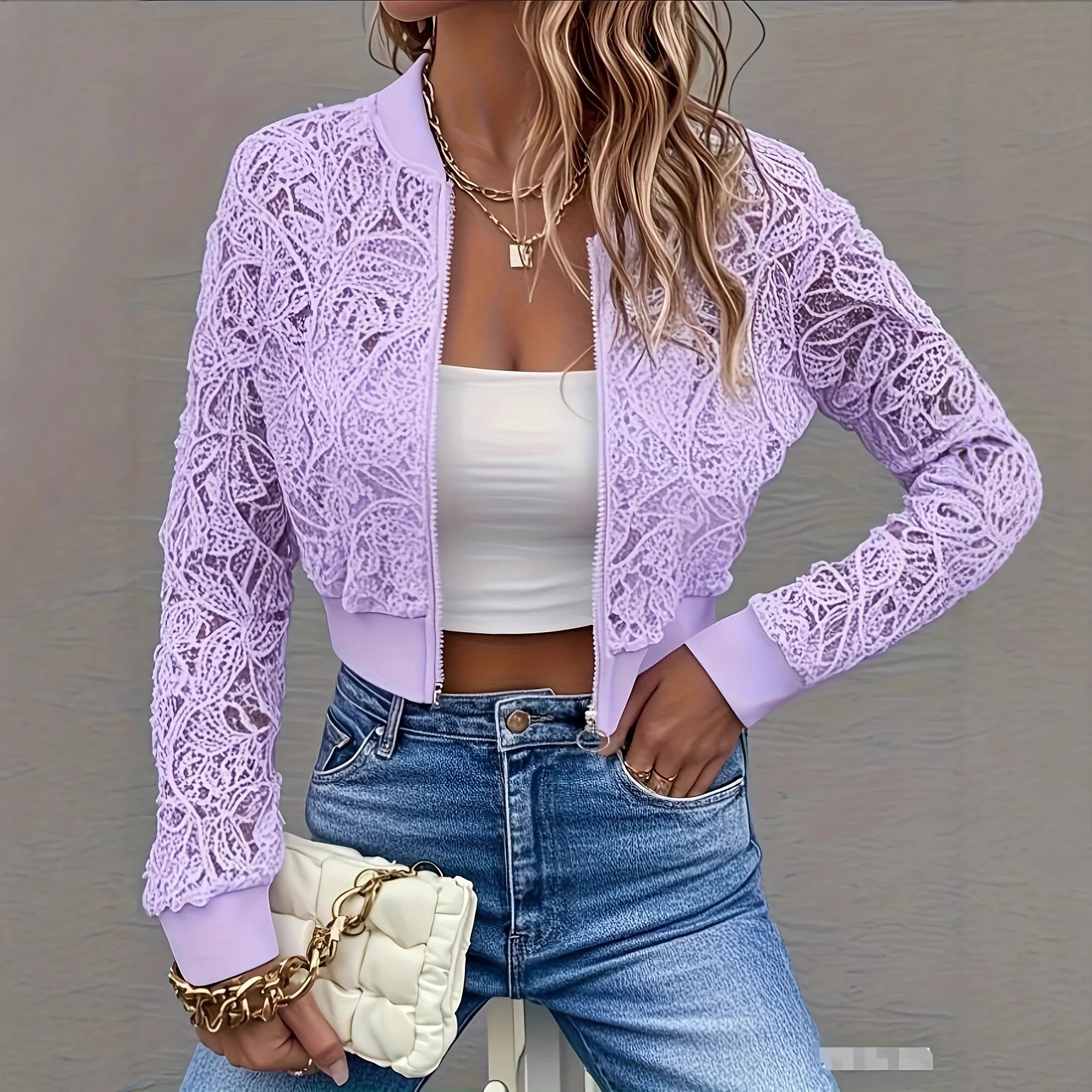 2025 Spring and Autumn New European and American Style White Lace Zipper Short Jacket Fashion Hollow Slim Cardigan Top