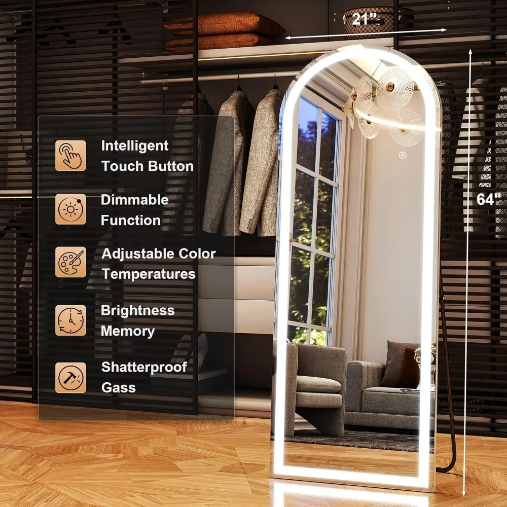 Espelho de comprimento total com arco branco LED de brilho ajustável, controles de tela sensível ao toque, parede ou independente, 21 x 64, ideal para Bedro