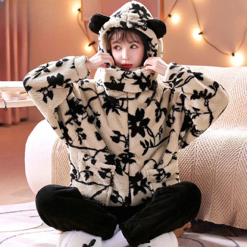 Explosive Winter Coral Velvet Pajama Women's Thickened Thermal Set Cute Autumn and Winter Flannel Homewear Can Be Worn Outside