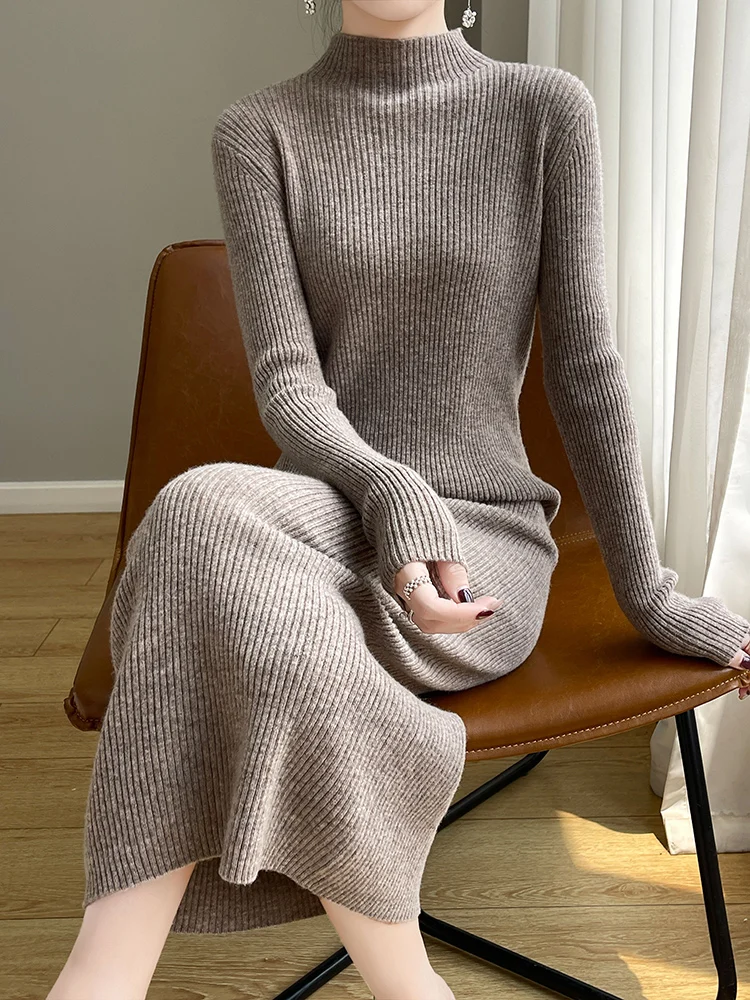 Women Cashmere Sweater Dress Autumn Winter Mock Neck Slim Solid Soft Pullover 100% Merino Wool Knitwear Korean Popular Clothing