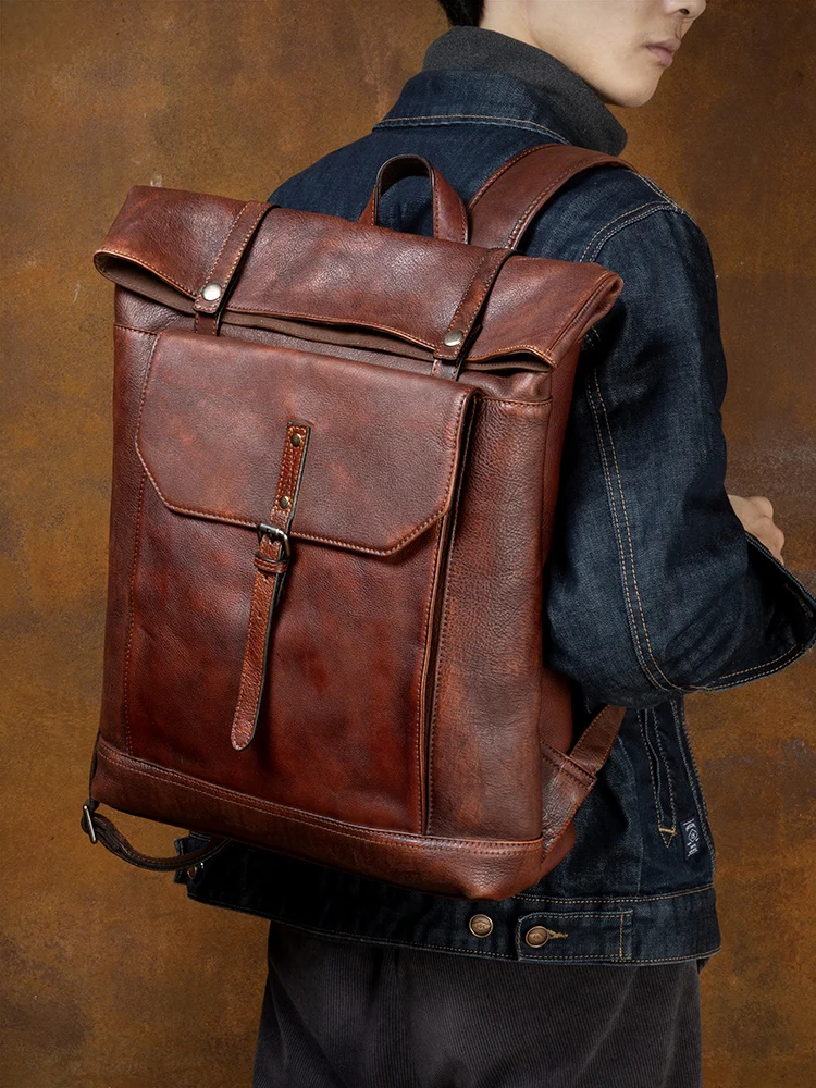 Vintage Genuine Leather Men Backpack Large Capacity Cowhide 16 Inch Laptop Bag Computer Schoolbag Travel Backpacks 2024 New