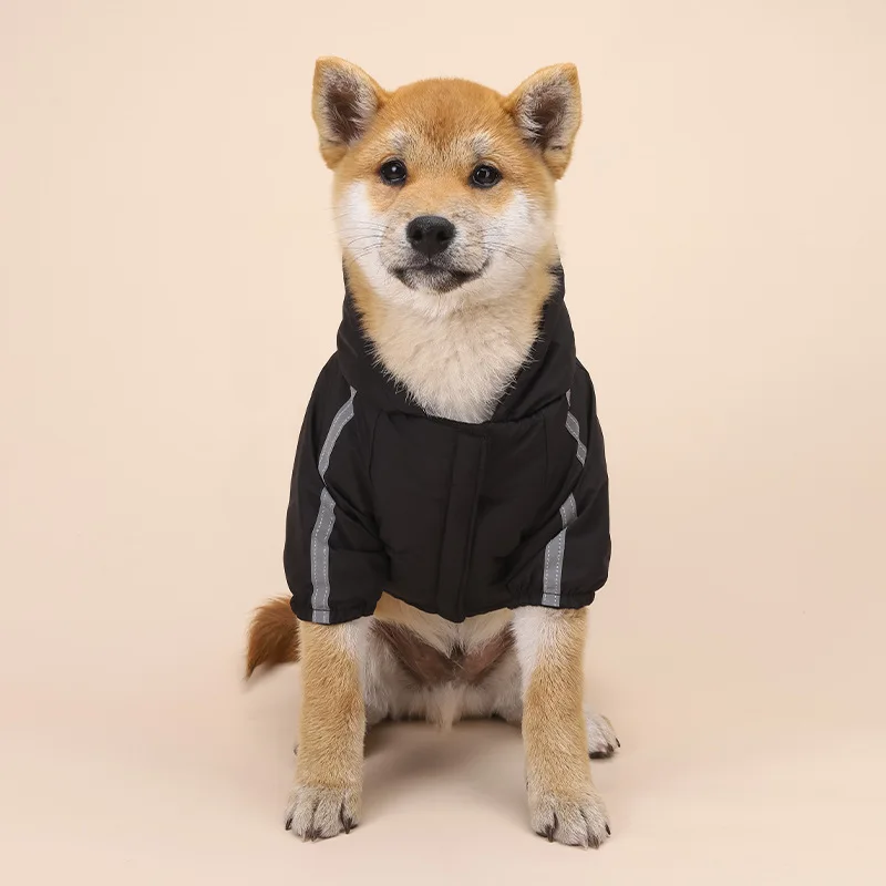 Autumn and Winter Dog Clothing Fleece-lined Thick Two-Leg Hooded Raincoat Reflective Stripe Cotton-Padded Coat