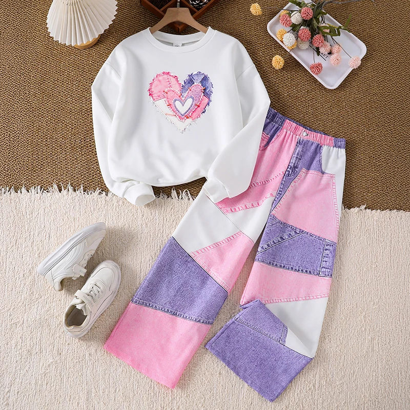 Kids Spring Autumn 2Pcs Outfit for Girls 8-12, Long Sleeve Heart Pattern Top + Color Block Patchwork Wide Leg Trousers Set