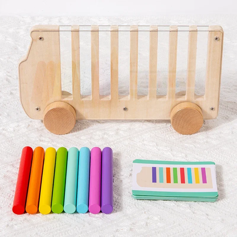 Jeu de tri des couleurs en bois, jouets en forme de Bus pour insérer des bâtons multicolores, chariot mobile avec 20 cartes de Cognition des couleurs