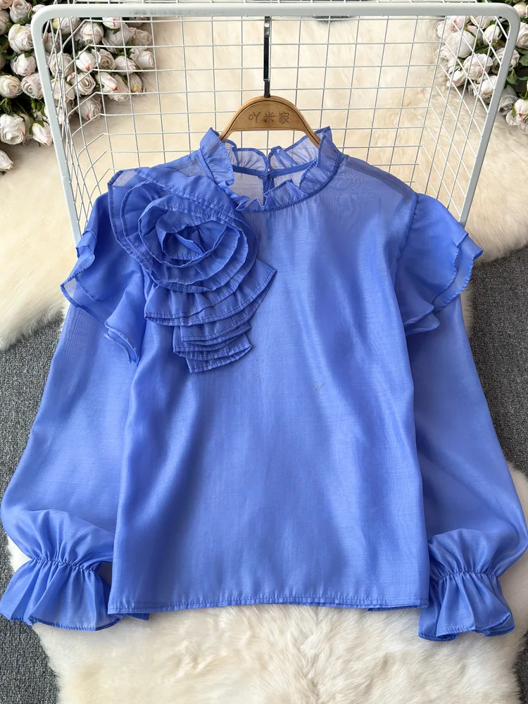 EWQ Chiffon Three-dimensional Flower Long-sleeve O-neck Chic Design Female Shirts Sweet Style And Youth Woman Blouses 27SN5726