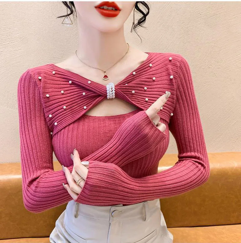 2024 New Fall Winter Knitted Sweater Chic Sexy Patchwork Hollow Out Shiny Diamonds Women Long Sleeve Pullovers Drill Tops