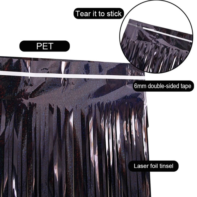 1 confezione Black Metallic Tinsel Foil Fringe tende Photo Booth puntelli Halloween Birthday Holiday Party Celebration Decor all'ingrosso