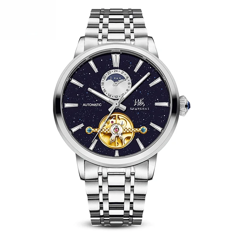 

Shanghai Watch Men's National Series Exposed Pendulum Sand Gold Stone Steel Belt Mechanical Watch 6009
