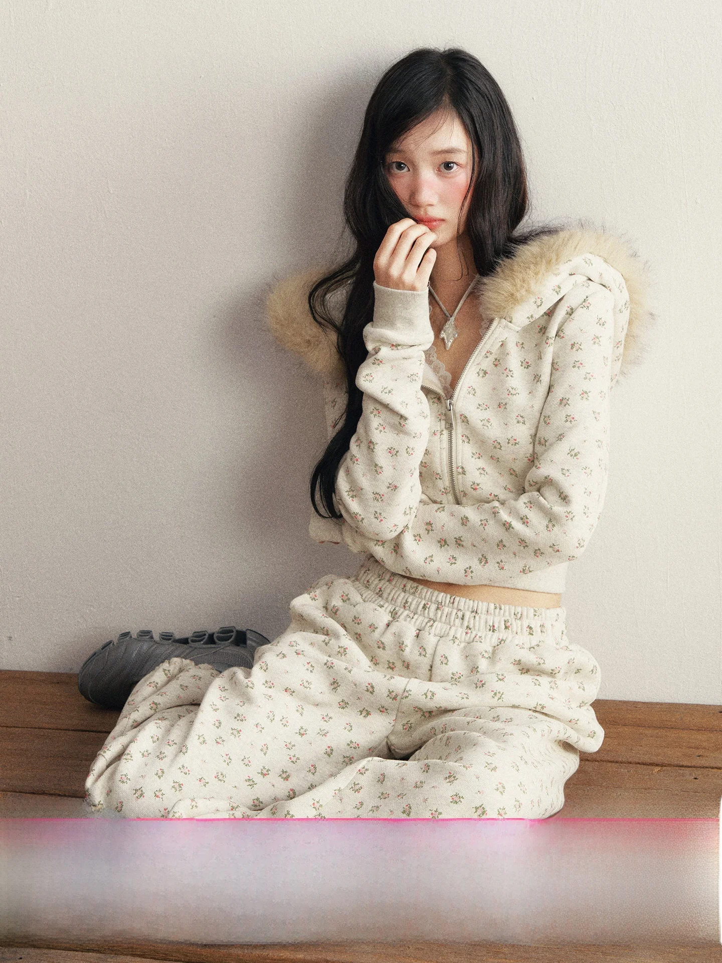 

Floral Print Short Padded Hoodie Jacket Fleece Lined Casual Elastic Waist Sweatpants Two Piece Set Women's Sweet Style Zipper...