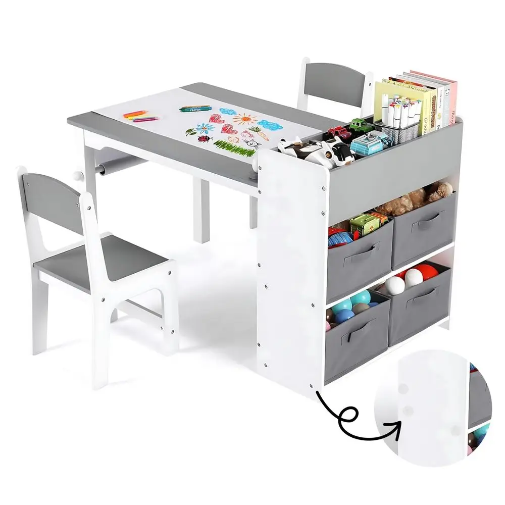 

Kids Art Table and 2 Chairs Set, Large Size Toddler Wood Activity Table, Sturdy Drawing Desk with Large Storage, 4 Bins, Paper