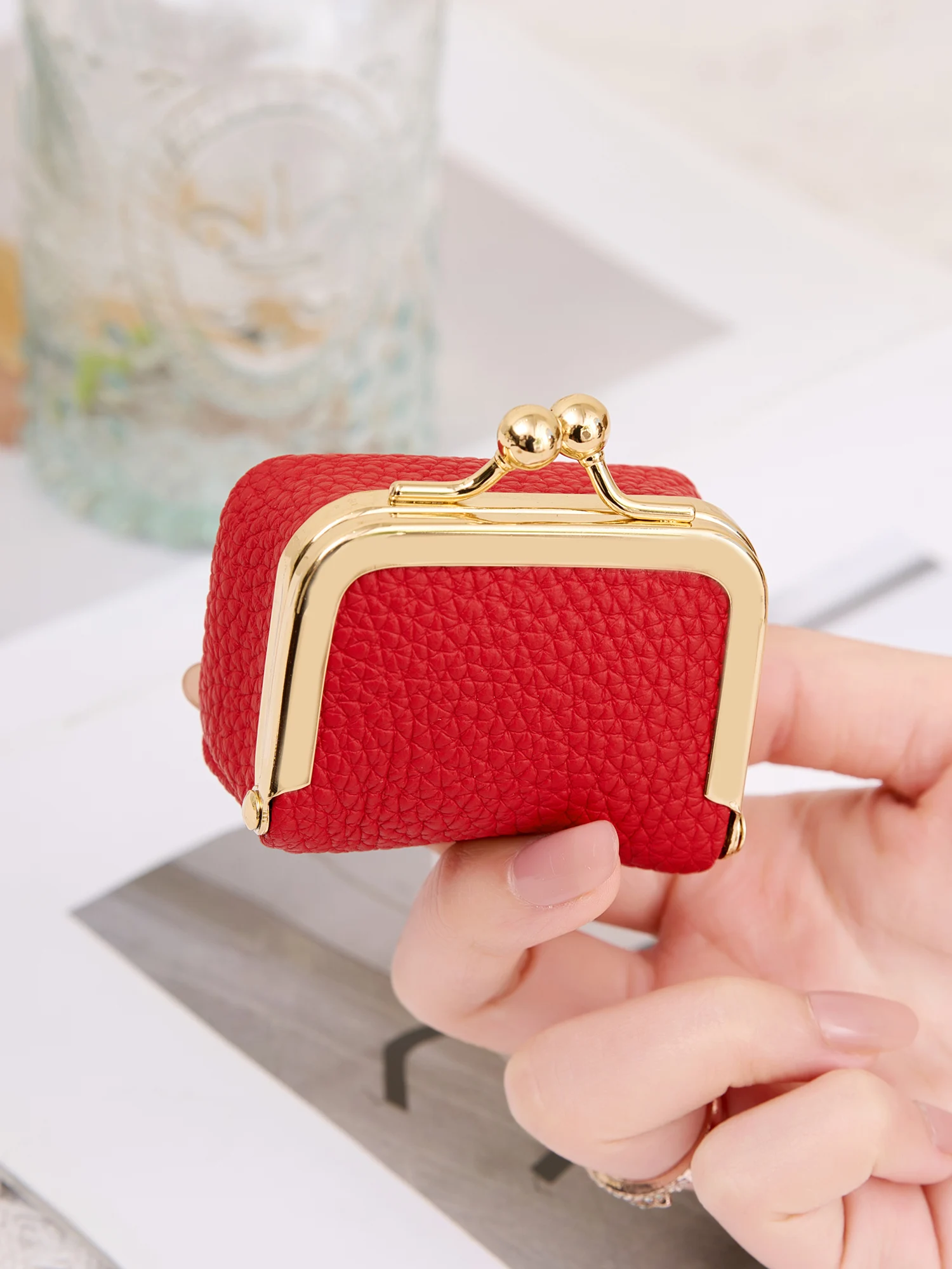 New mini women's solid color PU leather jewelry box can store rings necklaces earrings portable coin purse with kiss clasp image 3