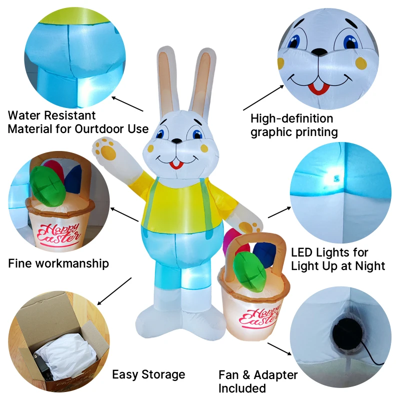 

7FT Easter Inflatable Rabbit Carry Basket Decor LED Lights Festive Airblown Yard Ornament Easter Decorations Easter Inflatable