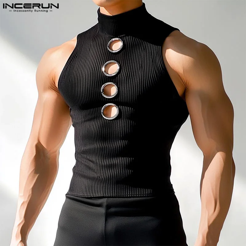 INCERUN Fashion Men Tank Tops Solid Hollow Out Sexy 2025 Male Vests Streetwear Tops Turtleneck Sleeveless Summer Men Clothing