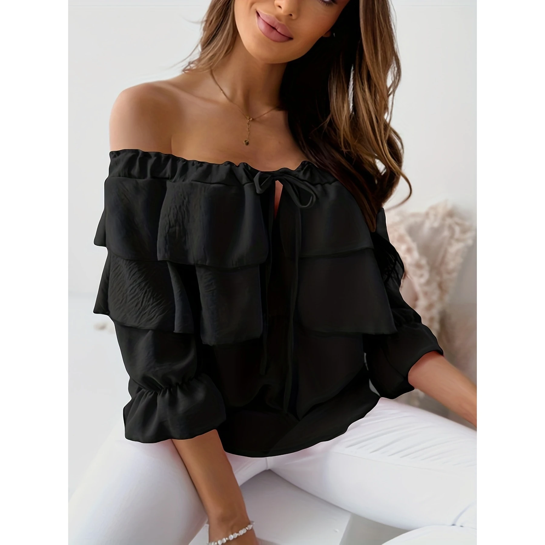 

Tie-Detail Chiffon Neline T-irt Overhead One-oulder Blouse Loose Fit ort Sve Pure Color Girl Sle Summer Top