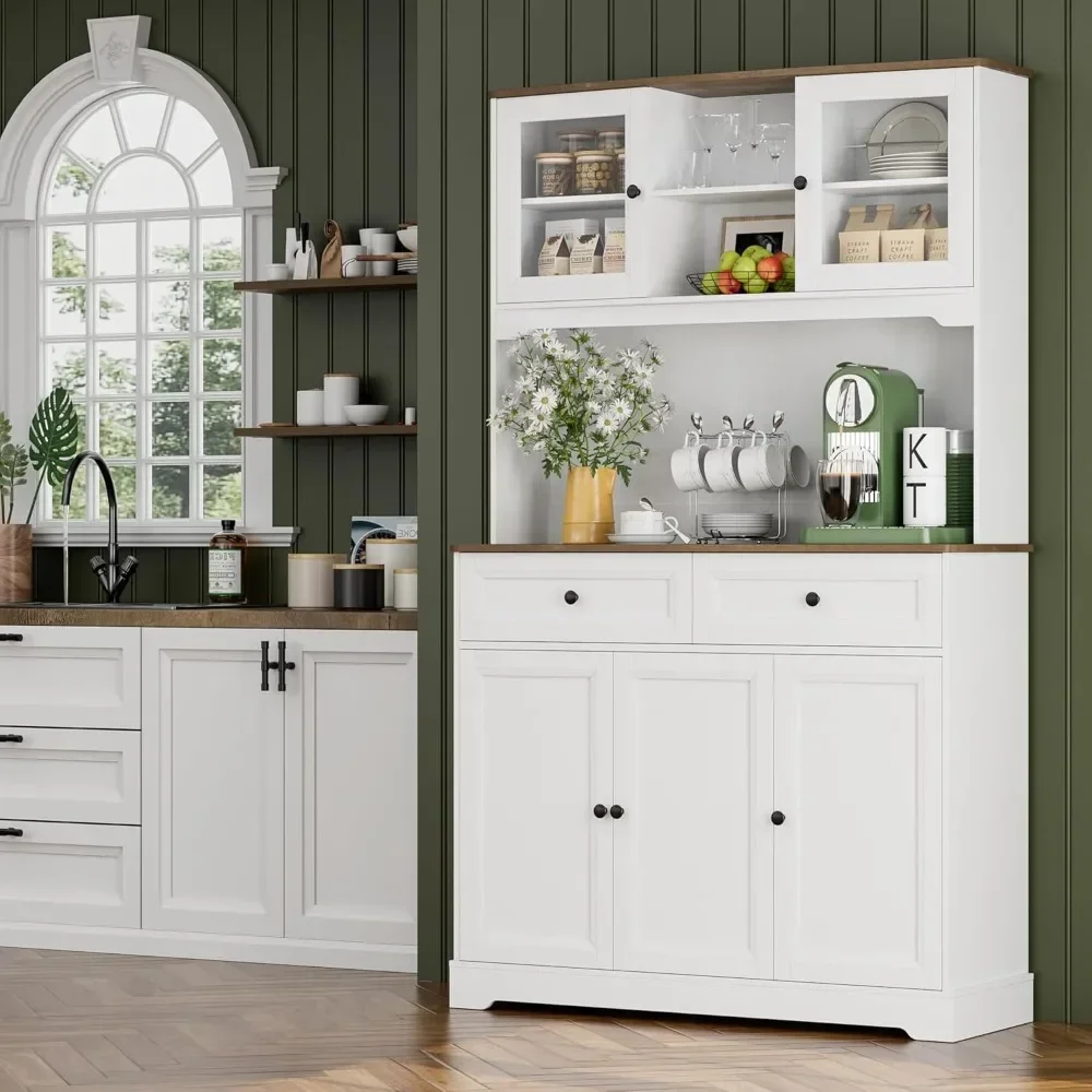 Kitchen Hutch with Buffet Cupboard, Utility Pantry Cabinet with Microwave Stand,Tall Kitchen Cabinets with Adjustable Shelves