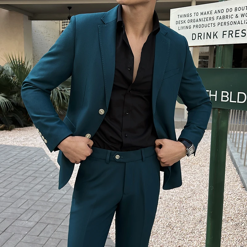 

High-quality, fashionable, stylish and versatile men's double-buttoned suit set, figure-hugging elastic fabric suit, groom suit