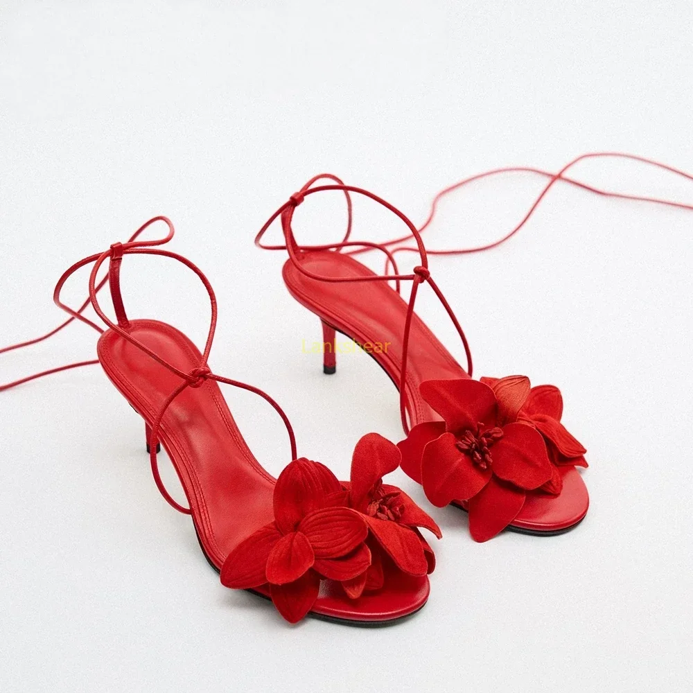 

Red Flowers Ankle Lace Up High Heels Sandals Sexy Pointed Toe Thin Heel New Arrivasl Fashion Women Party Modern Shoes