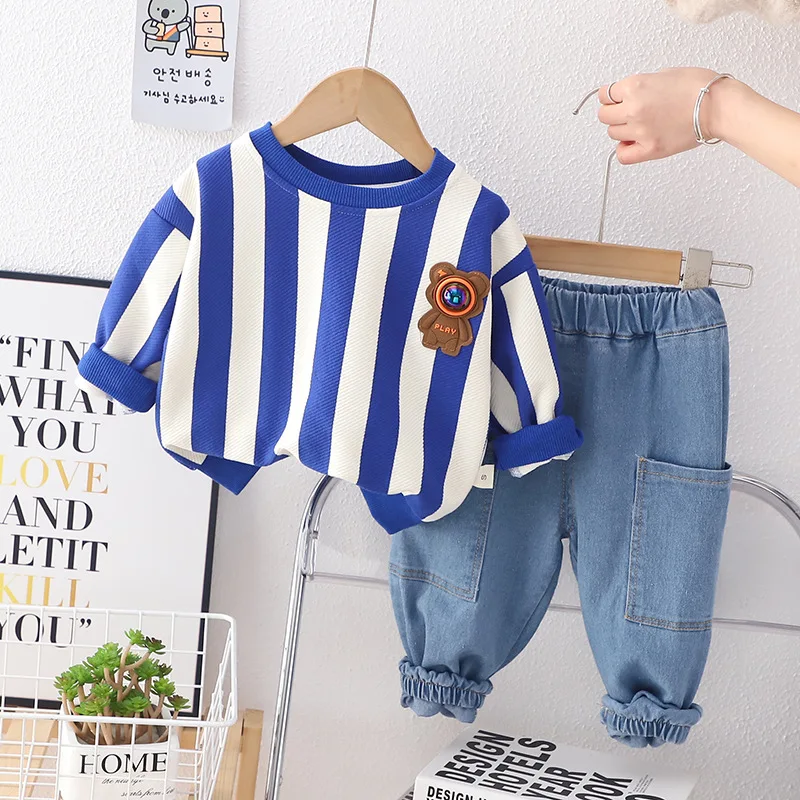 Toddler Boy Outfit Set Spring Autumn Casual Vertical Striped O-neck Pullover Long Sleeve T-shirts Tops and Pants Kids Boys Suit