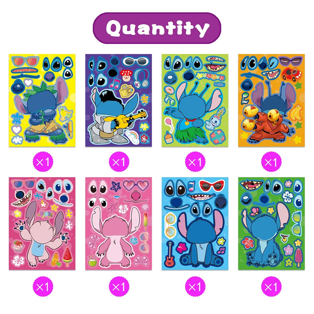 8/16Sheets Disney Stitch Cartoon Puzzle Stickers Children Make a Face DIY Toys Funny Assemble Jigsaw Kids Boys Girls Party Game