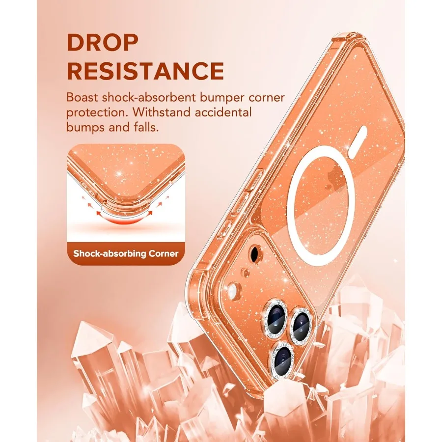 Étui de protection transparent scintillant pour iPhone 17 Pro pour femme, compatible avec MagSafe, conception antichoc avec technologie anti-jaunissement