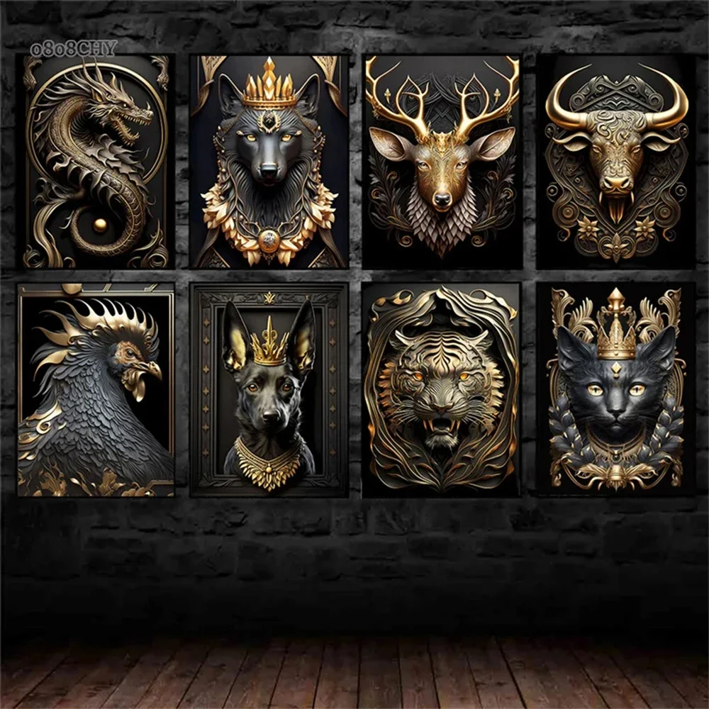 Black Gold Metal Animal Wall Art Canvas Painting King Lion Dragon Tiger Dog Poster Prints Pictures for Modern Living Room Dec