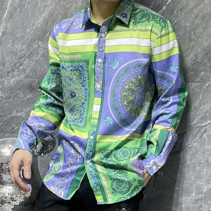 

2024Fall Personalized Retro Printed Shirt For Men Spliced Color Baroque Luxury Shirt Fashion Long Sleeve Hip Hop Party Stagewear