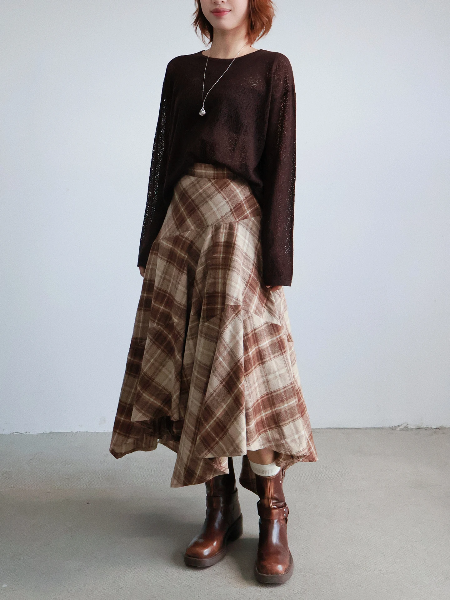 

Fall 2025 Design Sense Plaid Drapey High Waist Slimming Midi Skirt Women's Woolen Skirt Asymmetrical Casual A-Line Skirt