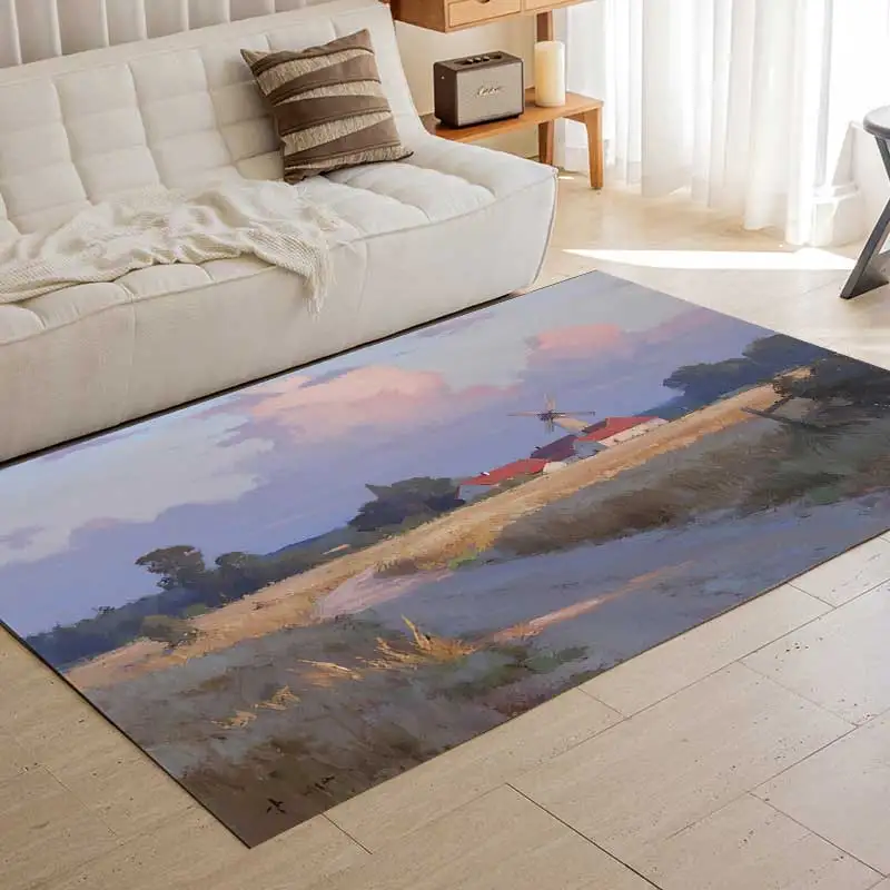

Country Road DIY Custom Carpet Rug Printed Rectangle Rugs Golden Wheat Field Living Room Bedroom Decorative Distant Windmill