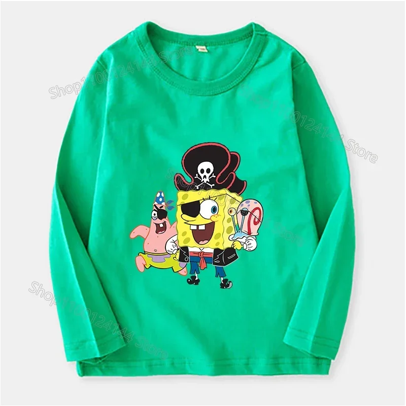 SpongeBobed SquarePants Round Neck Long Sleeves T-shirts Patrick Star Children Shirts Kids Print Boys Girl Spring Thin Clothes