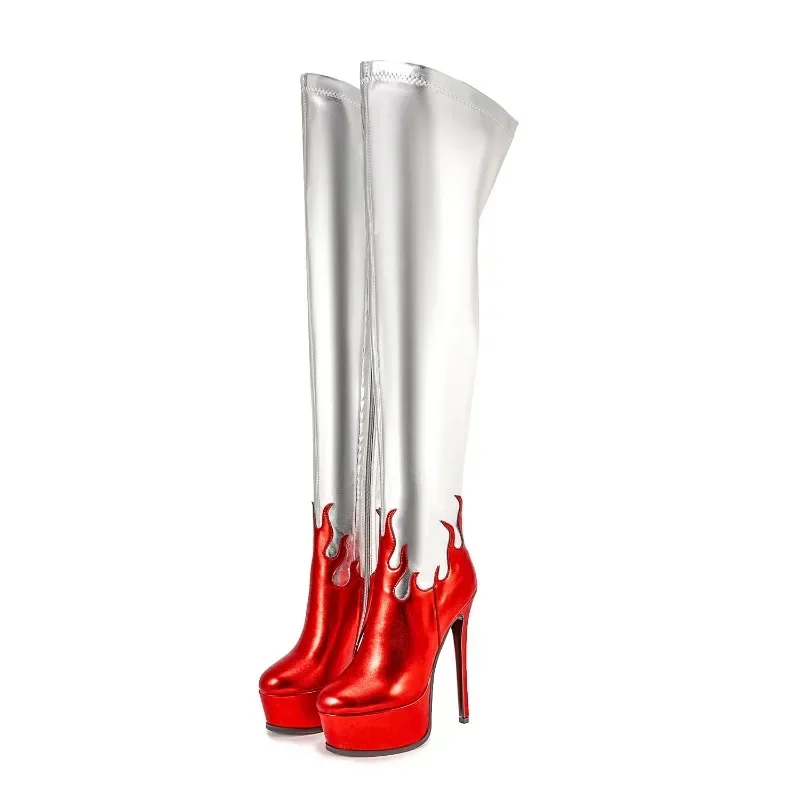 European and American Night Style Big Round Head Super High Heel Water Platform Sexy Flame Elastic Plus Size Knee Boots