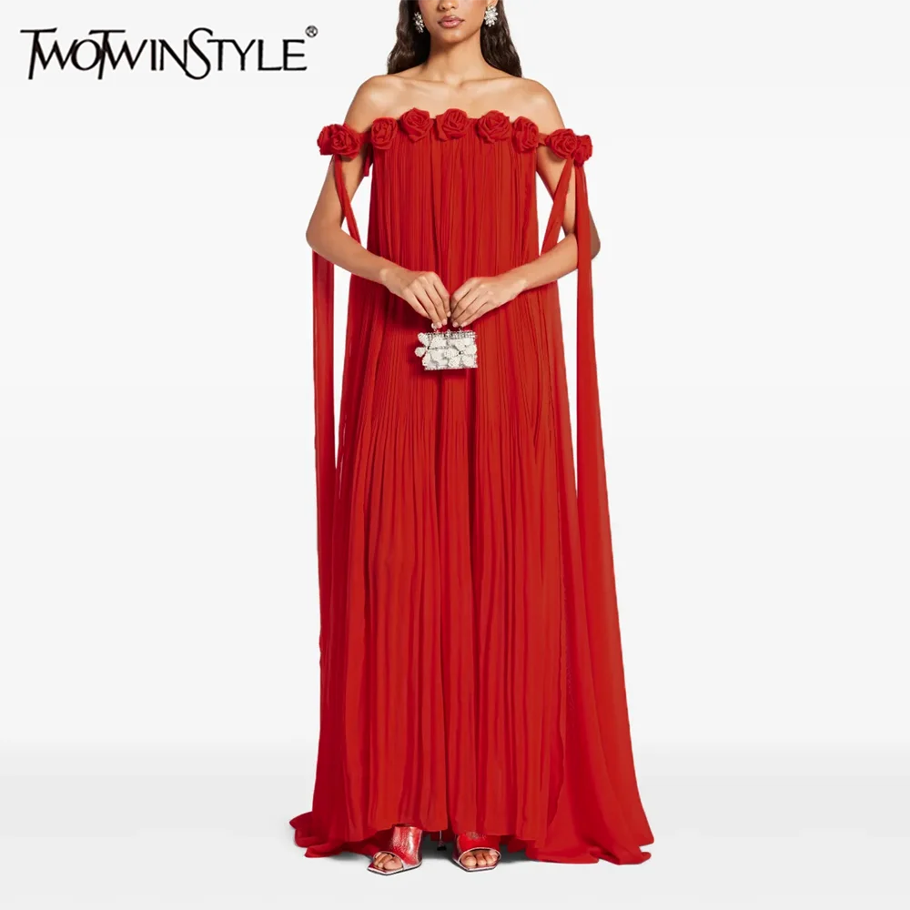 

TWOTWINSTYLE Solid Patchwork Appliques Loose Dresses for Women Slash Neck Sleeveless High Waist Dress Female