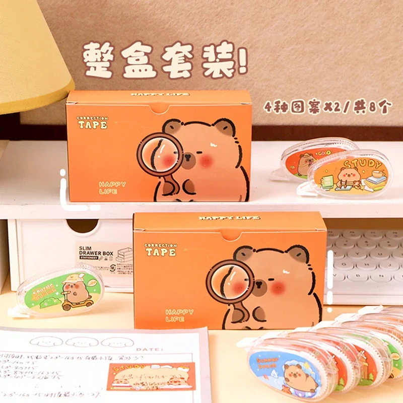 8Pcs/Set Cartoon Capybara Correction Tape Roller White Sticker Tape for Student Error Eraser Tape School Office Supplies