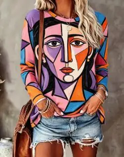 Women's Abstract Face Print Top Colorful Cubism Long Sleeve Crew Neck T Shirt