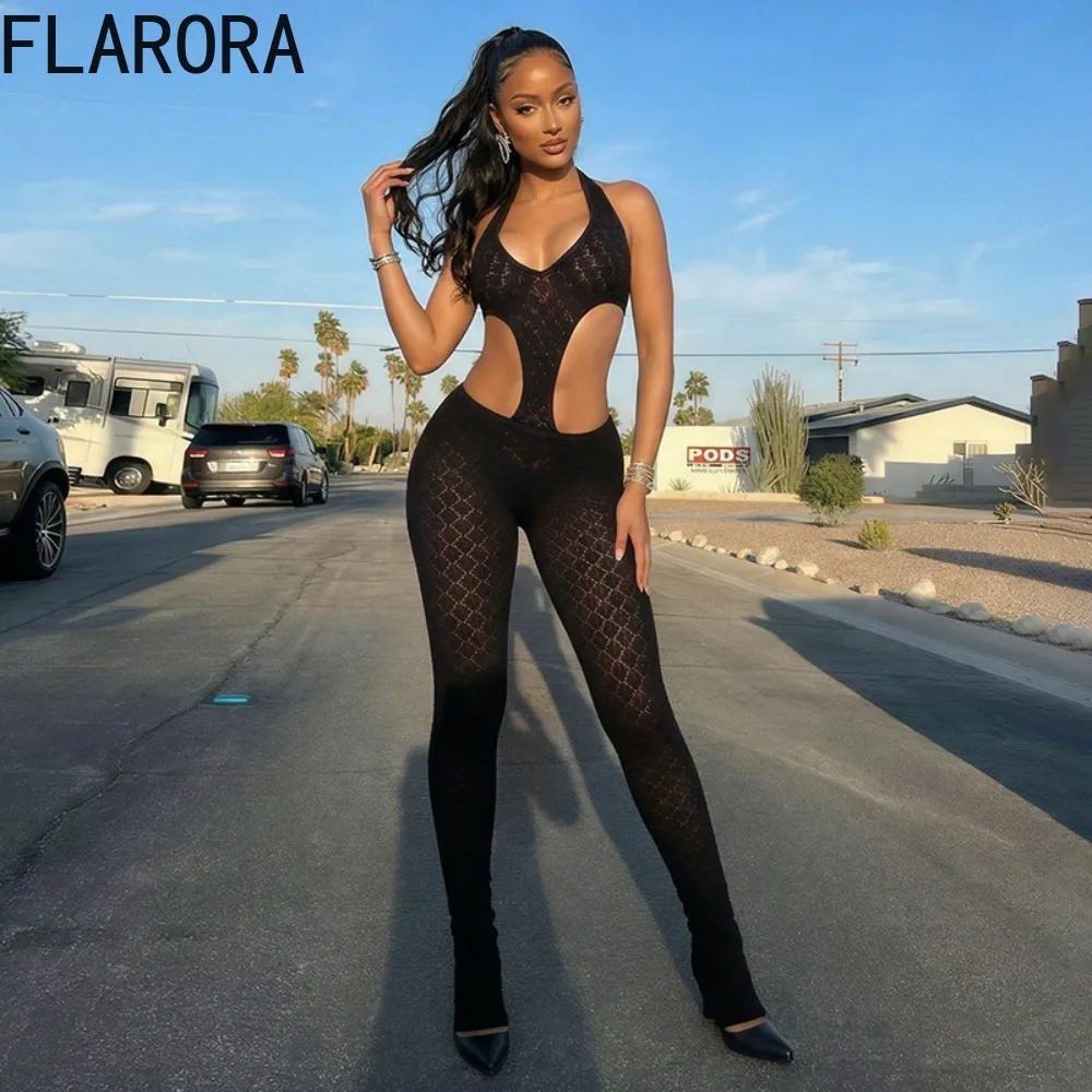 FLARORA Sexy Hollow-out Knit Jumpsuits Woman Halter See Through Backless One Piece Playsuits Female Midnight Streetwear Overalls