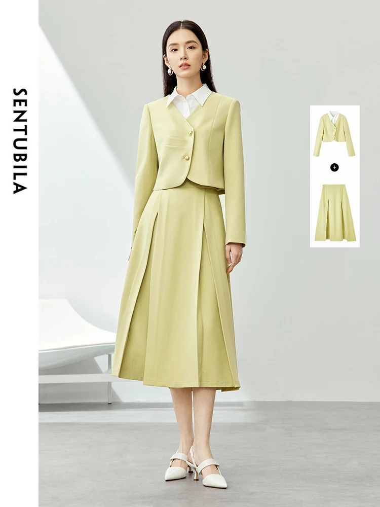 SENTUBILA Spring Fashion Elegant Women's Suit 2024 Spliced Fake 2 Piece Top A-line Midi Skirt 2 Piece Set Woman Outfit 141Z53432