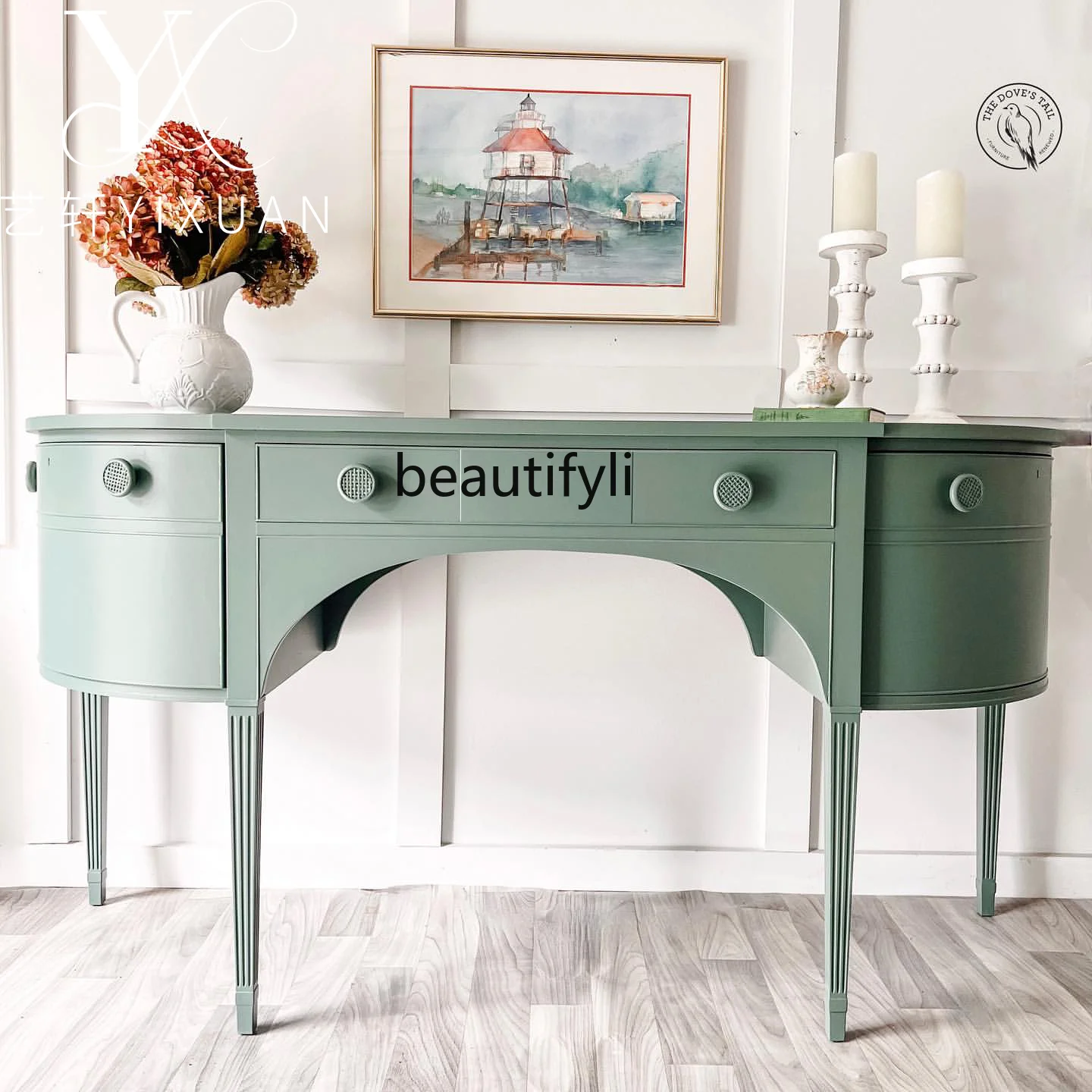 

French Retro Solid Wood Green Entryway Cabinet American Modern Simple Living Room Decorative Cabinet High-End Customization