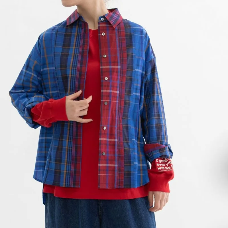 

Japanese Sle Plaid Long Sve Slim Fit Cotton irt Contrast Color Patchwork Turn-down Collar Side Slit Women's Premium Fa...