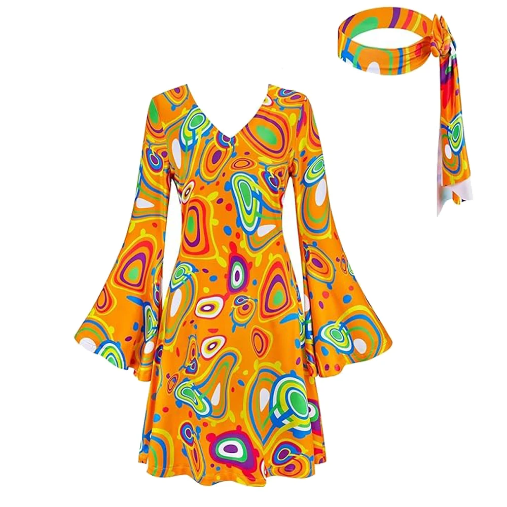 70s Disco Outfit Women Dress With Headband V-Neck Full Printed Costume 60s Hippie Disco Halloween Party Carnival Dress