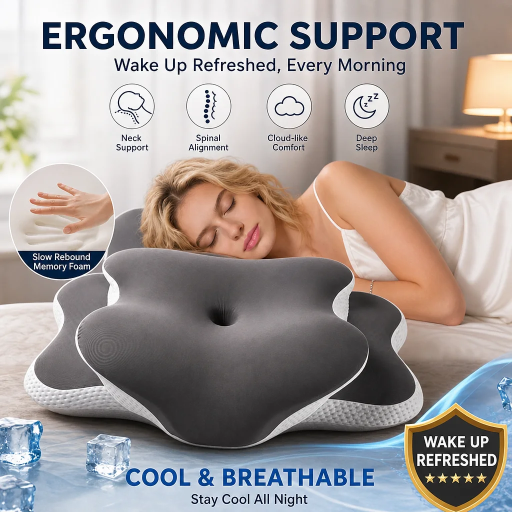 Ergonomic Memory Foam Butterfly Neck Pillow C-Shaped Adjustable Dual Height Transparent Cover Support for Side/Supine/Pillow Sle