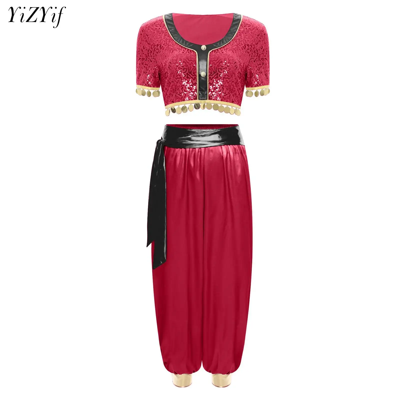 

Womens Arabian Princess Costume Sequins Crop Top+Satin Bloomers Pants+Belt Belly Dance Performance Clothes Halloween Dress Up