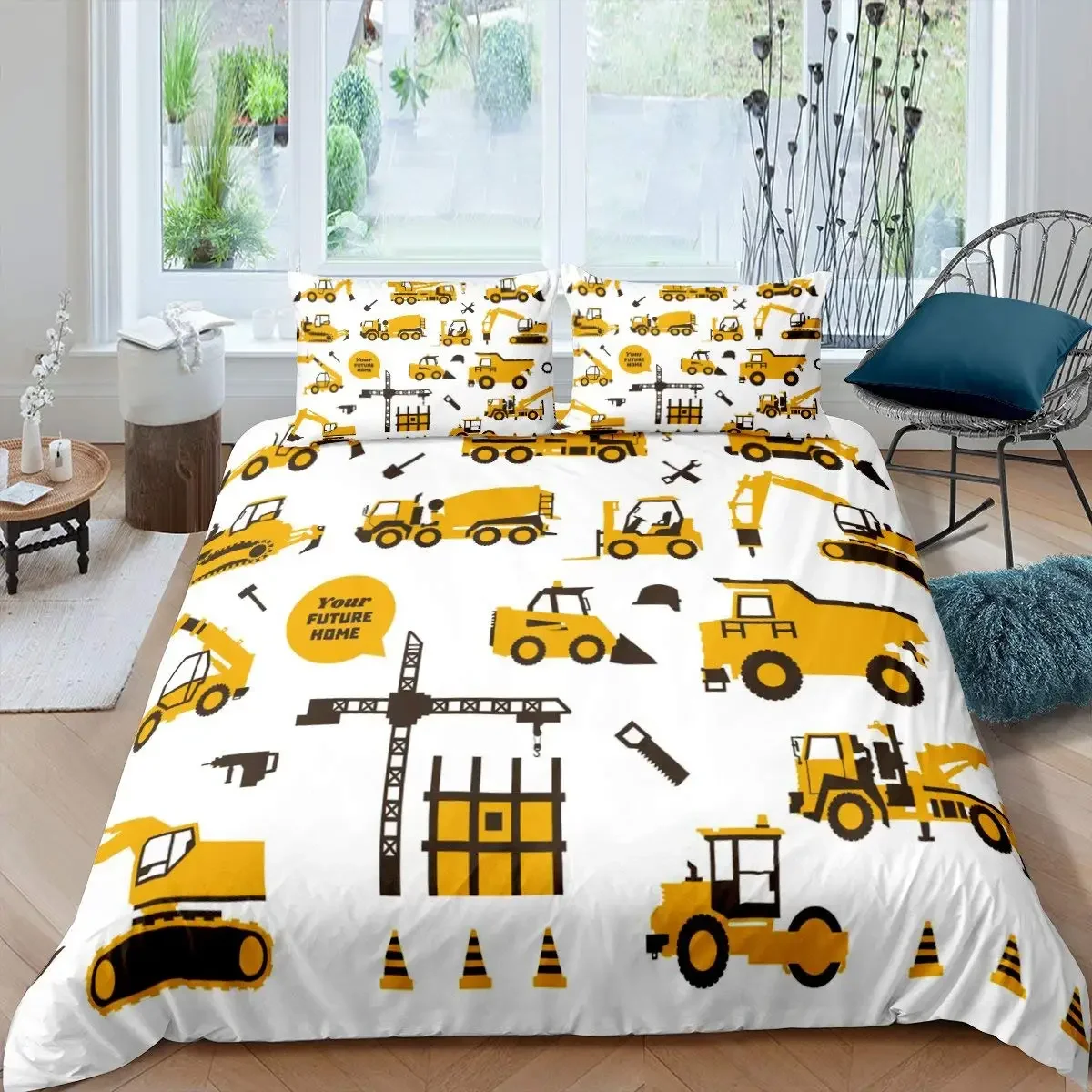 Construction Vehicles Boys Excavator Duvet Cover Yellow Tractor Truck Bedding Set for Teens Child Old Retro Car Theme Room Decor