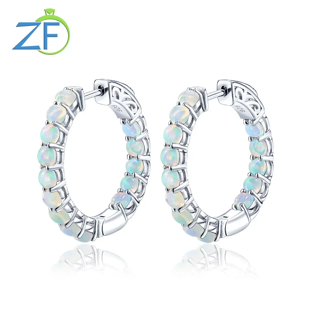 GZ ZONGFA Genuine 925 Sterling Silver Clip Earring for Women 2.5 Carats Natural Opal Cabochon Cut Colorful Opal Fine Jewelry