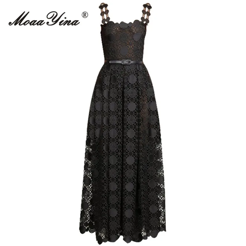 

MoaaYina Spring Fashion Designer Black Vintage Sling Dress Women's Square Collar Backless High Waist Belted Slim Lace Long Dress