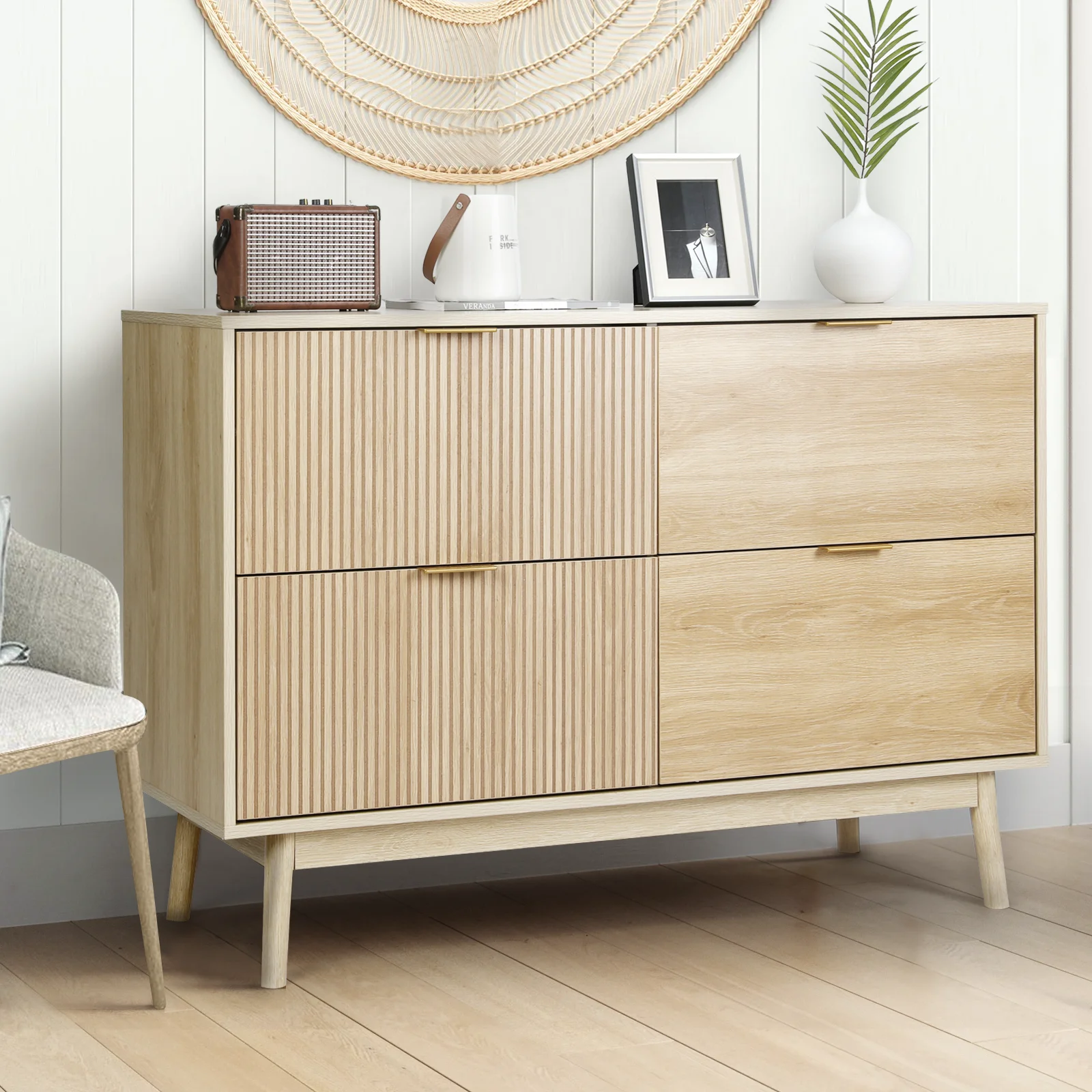 VOWNER 4-Drawer Dresser, Modern Closet Dressers with Wide Drawers and Metal Handles, Farmhouse Wood Storage Chest of Drawers