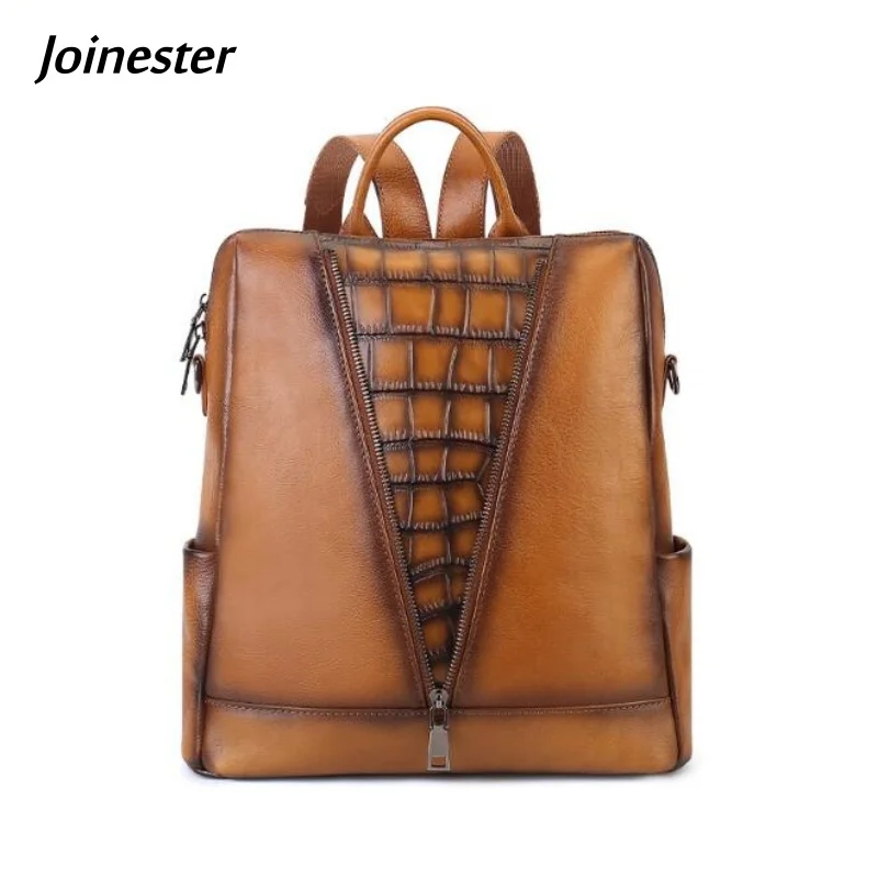 

Genuine Leather Soft Handle Leisure Backpack Crocodile Patterns Travel Commuting Laptop Bag Retro Schoolbag with Side Pockets