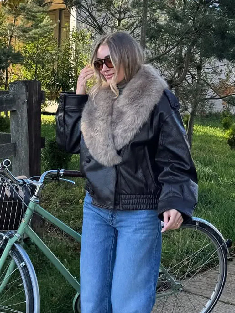 HH, chaquetas cálidas de invierno con decoración de botones y bolsillo para mujer, abrigo corto informal para mujer, chaqueta holgada de moda con solapa con efecto de piel sintética